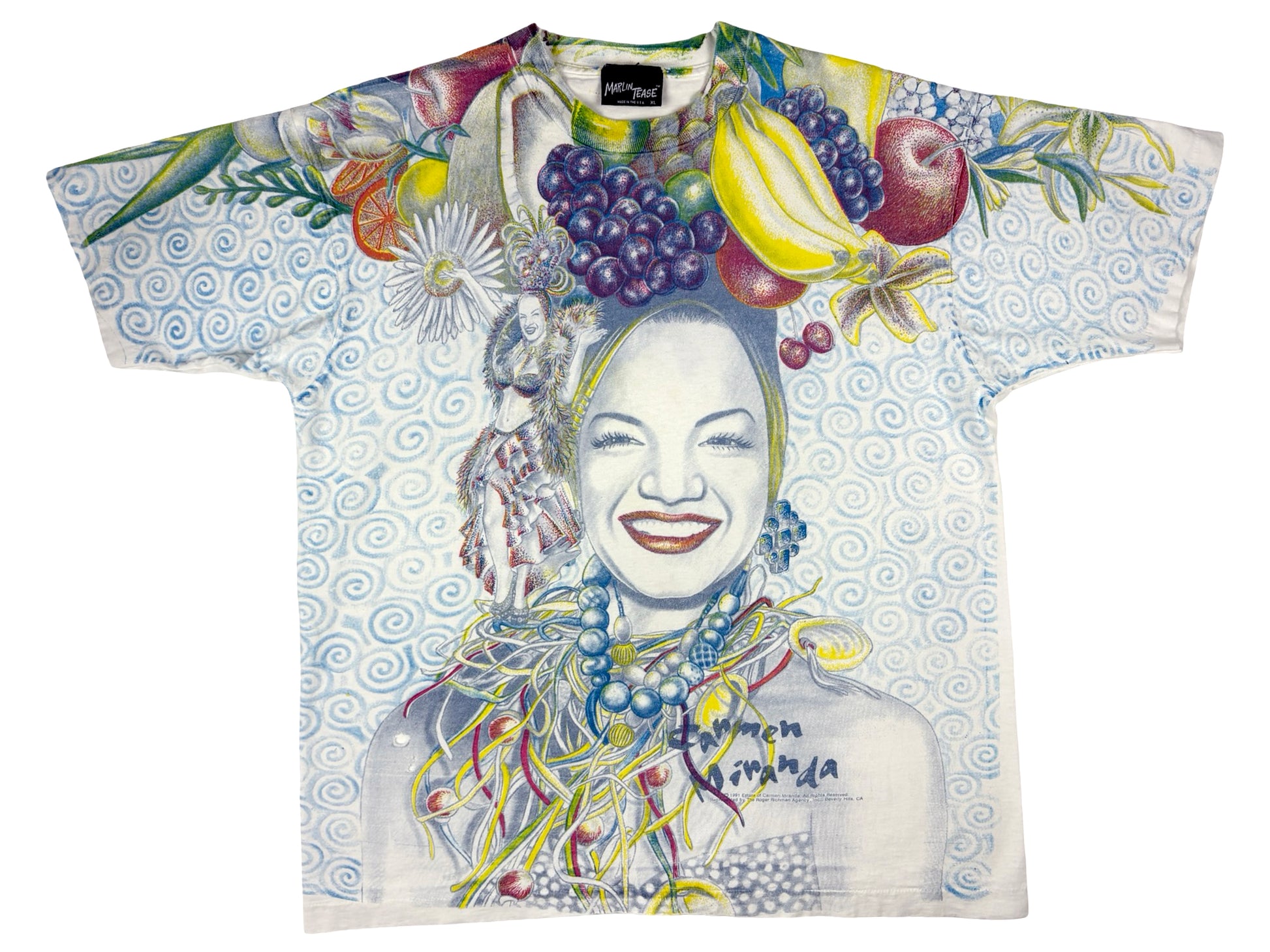 Vintage Carmen Miranda All Over Print Marlin Tease White T-Shirt 90s Brazil Brazilian 