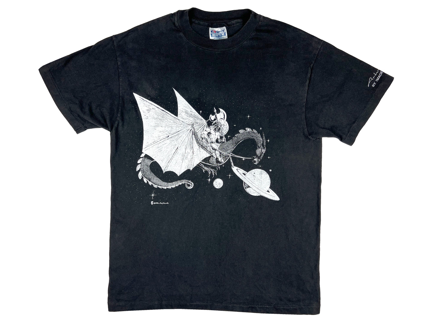 Vintage Tony Edwards Planetary Dragon Artwear Black T-Shirt 80s 90s Art