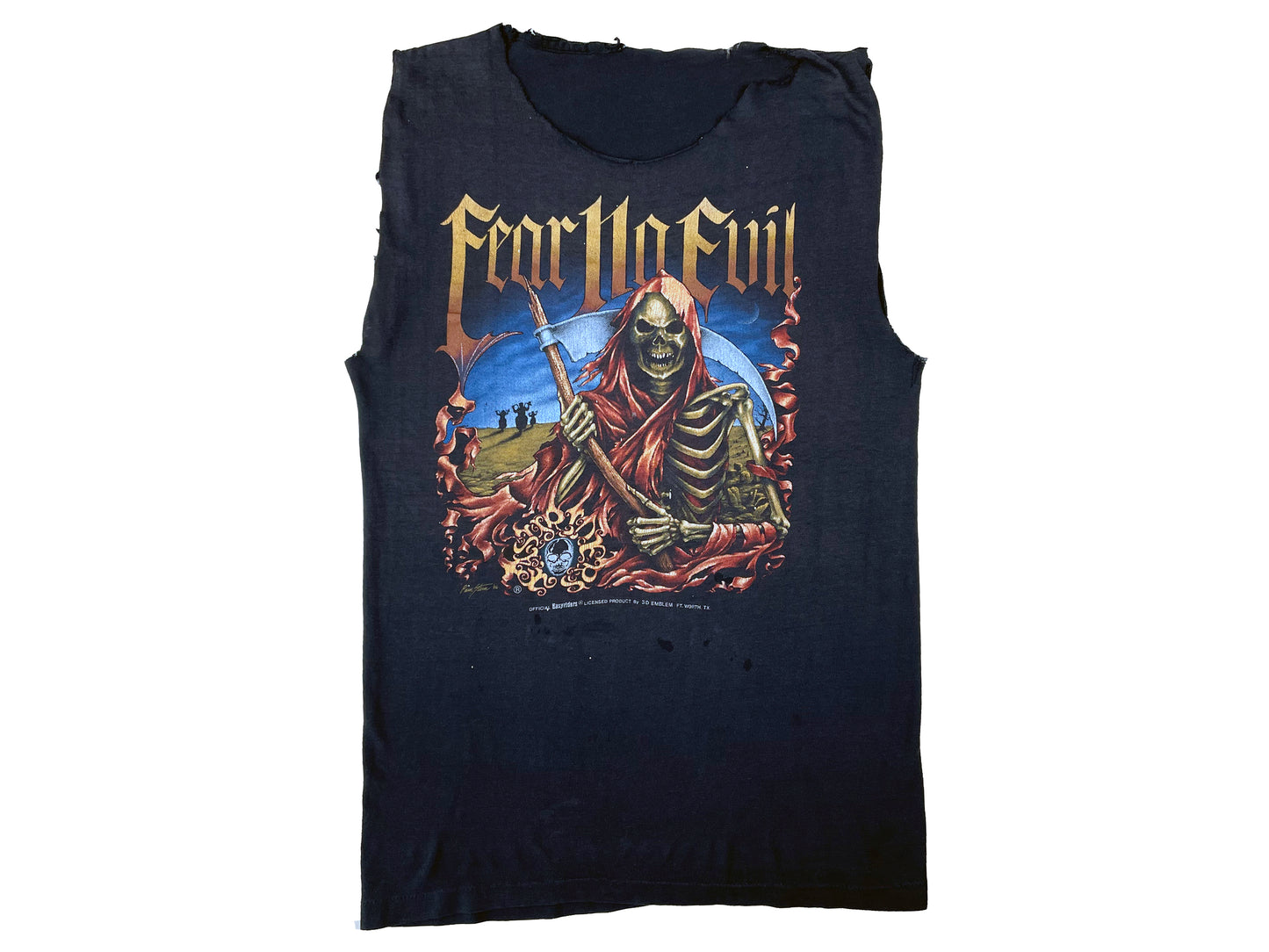 Vintage 3D Emblem Fear No Evil Grim Reaper Easyriders Sleeveless Black T-Shirt 80s 90s Biker 