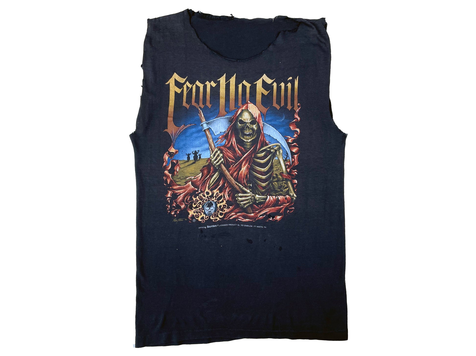 Vintage 3D Emblem Fear No Evil Grim Reaper Easyriders Sleeveless Black T-Shirt 80s 90s Biker 
