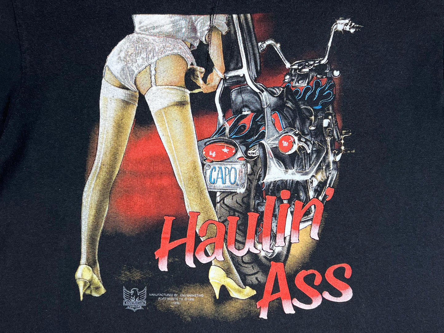 3D Emblem 'Haulin Ass' Babe & Motorcycle T-Shirt