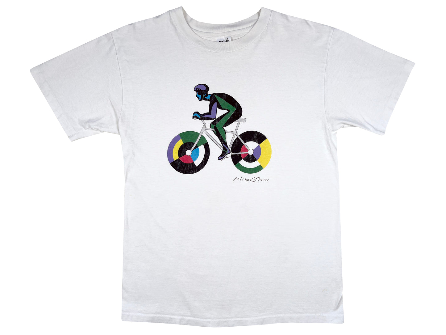 Vintage Milton Glaser 'Cyclist' White T-Shirt Graphic Design 70s 80s NYC New YORK